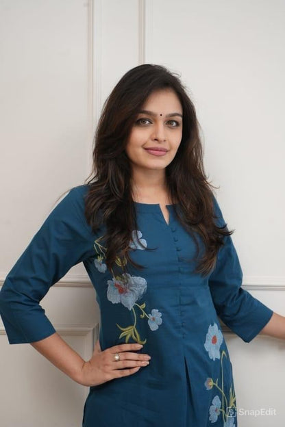 Blue Cotton 60/60 Embroidered Two Piece Kurti Pant Set for Women