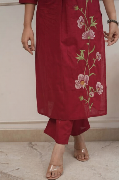 Cotton 60/60 Embroidered Two-Piece Kurti Pant Set