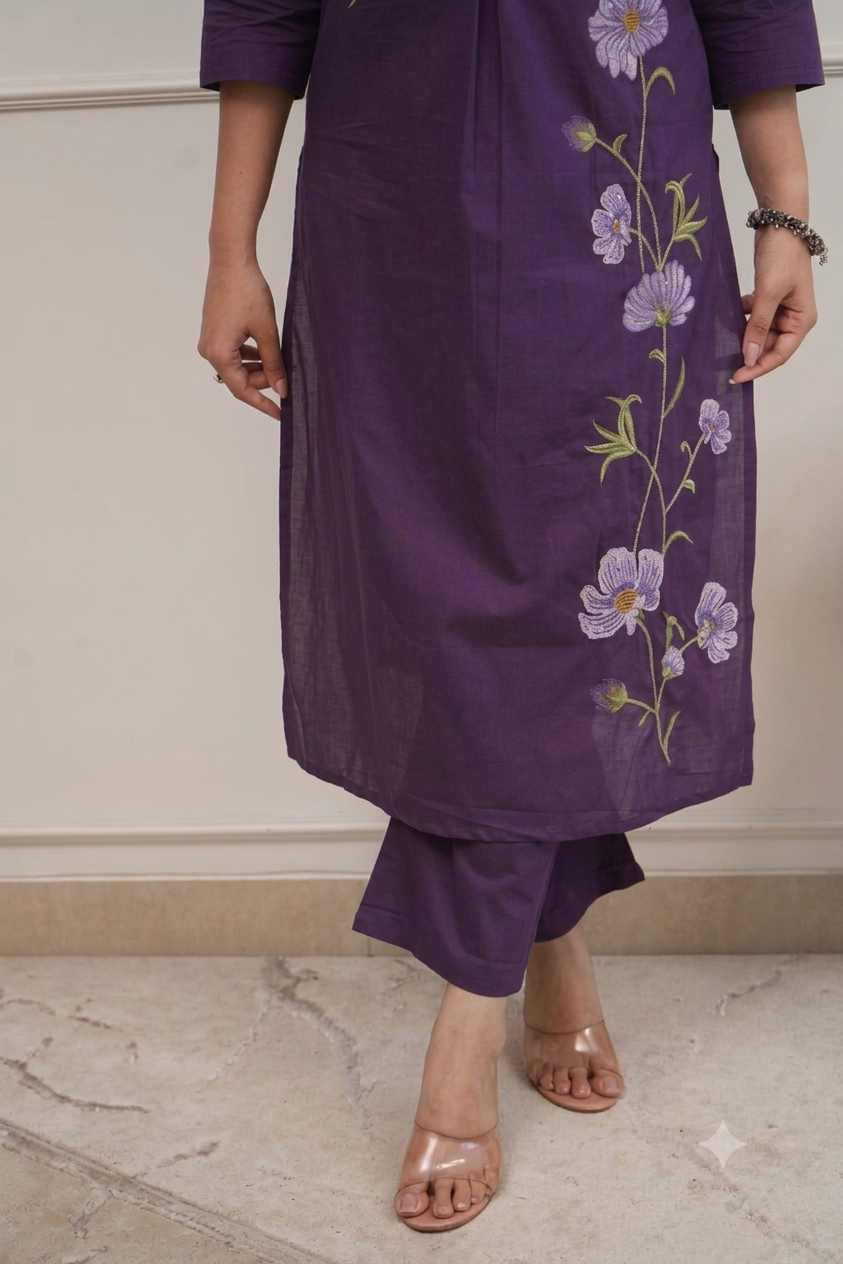 Purple Cotton 60x60 Embroidered Two-Piece Kurti Pant Set for Women