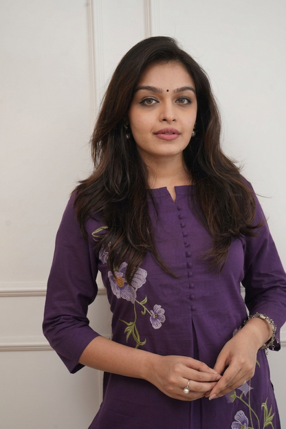 Purple Cotton 60x60 Embroidered Two-Piece Kurti Pant Set for Women