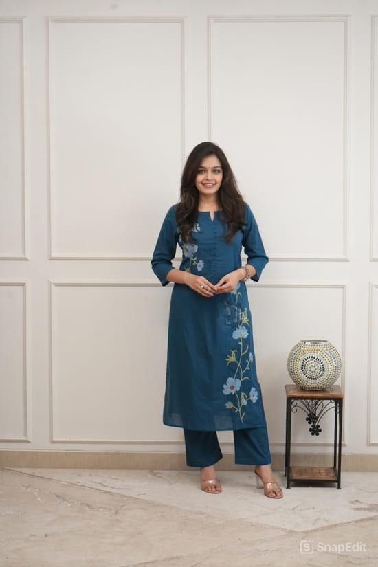 Blue Cotton 60/60 Embroidered Two Piece Kurti Pant Set for Women
