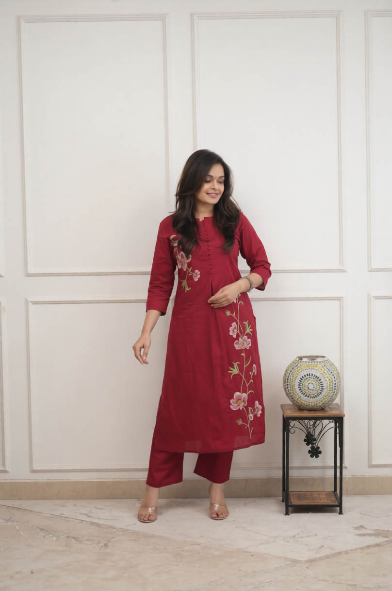 Cotton 60/60 Embroidered Two-Piece Kurti Pant Set
