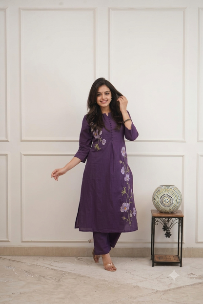 Purple Cotton 60x60 Embroidered Two-Piece Kurti Pant Set for Women