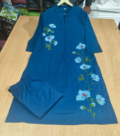 Blue Cotton 60/60 Embroidered Two Piece Kurti Pant Set for Women