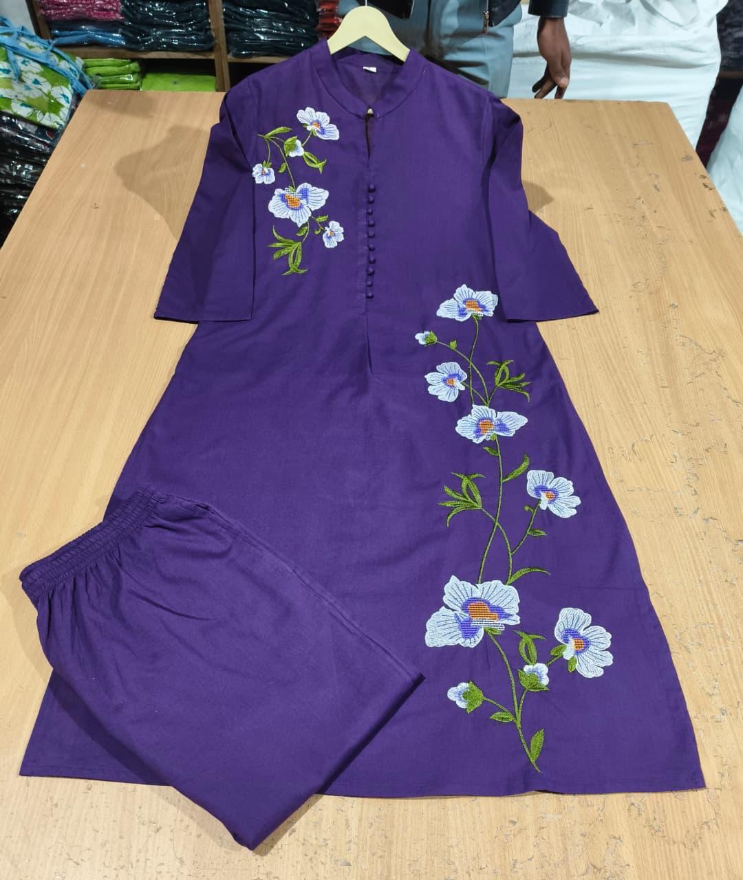 Purple Cotton 60x60 Embroidered Two-Piece Kurti Pant Set for Women