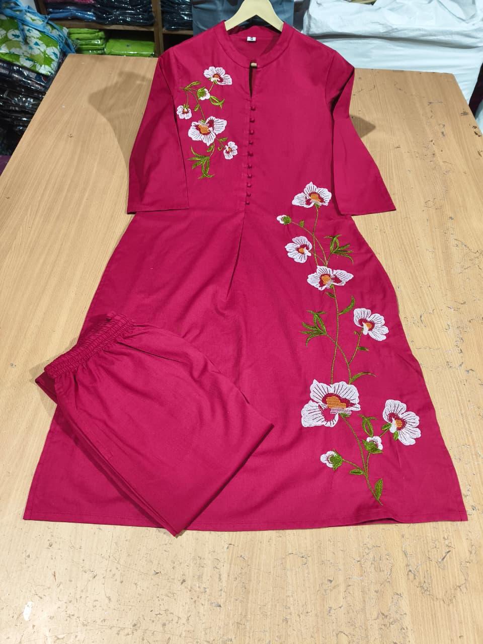 Cotton 60/60 Embroidered Two-Piece Kurti Pant Set