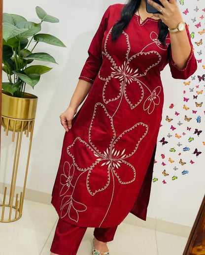 Cotton 60/60 Embroidery Work Kurti with Pant | Fully Stitched Set