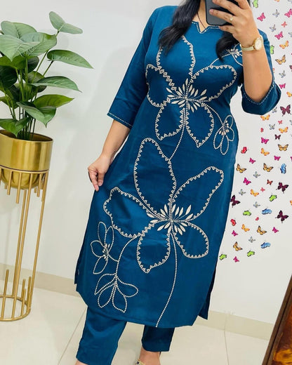 Cotton 60/60 Embroidery Work Kurti with Pant | Fully Stitched Set