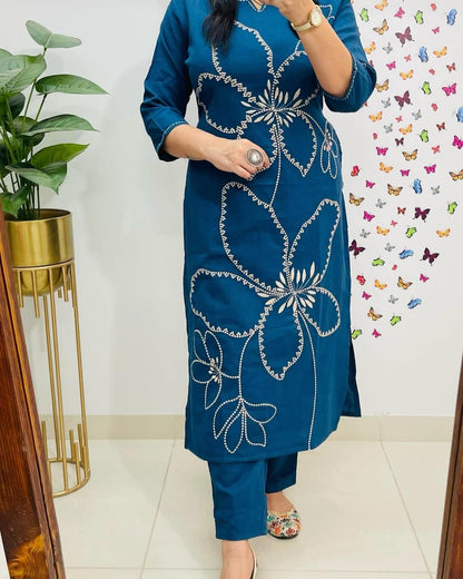 Cotton 60/60 Embroidery Work Kurti with Pant | Fully Stitched Set