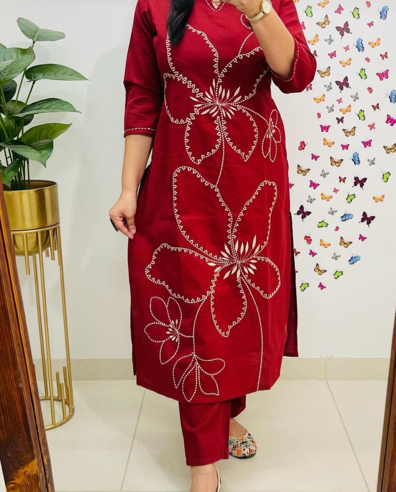 Cotton 60/60 Embroidery Work Kurti with Pant | Fully Stitched Set