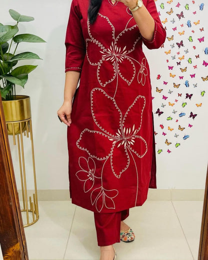 Cotton 60/60 Embroidery Work Kurti with Pant | Fully Stitched Set