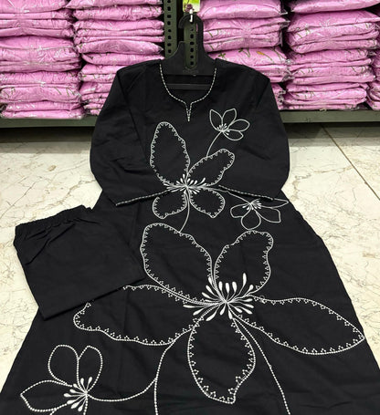 Cotton 60/60 Embroidery Work Kurti with Pant | Fully Stitched Set