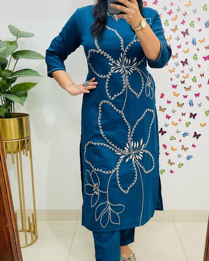 Cotton 60/60 Embroidery Work Kurti with Pant | Fully Stitched Set