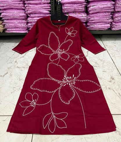 Cotton 60/60 Embroidery Work Kurti with Pant | Fully Stitched Set