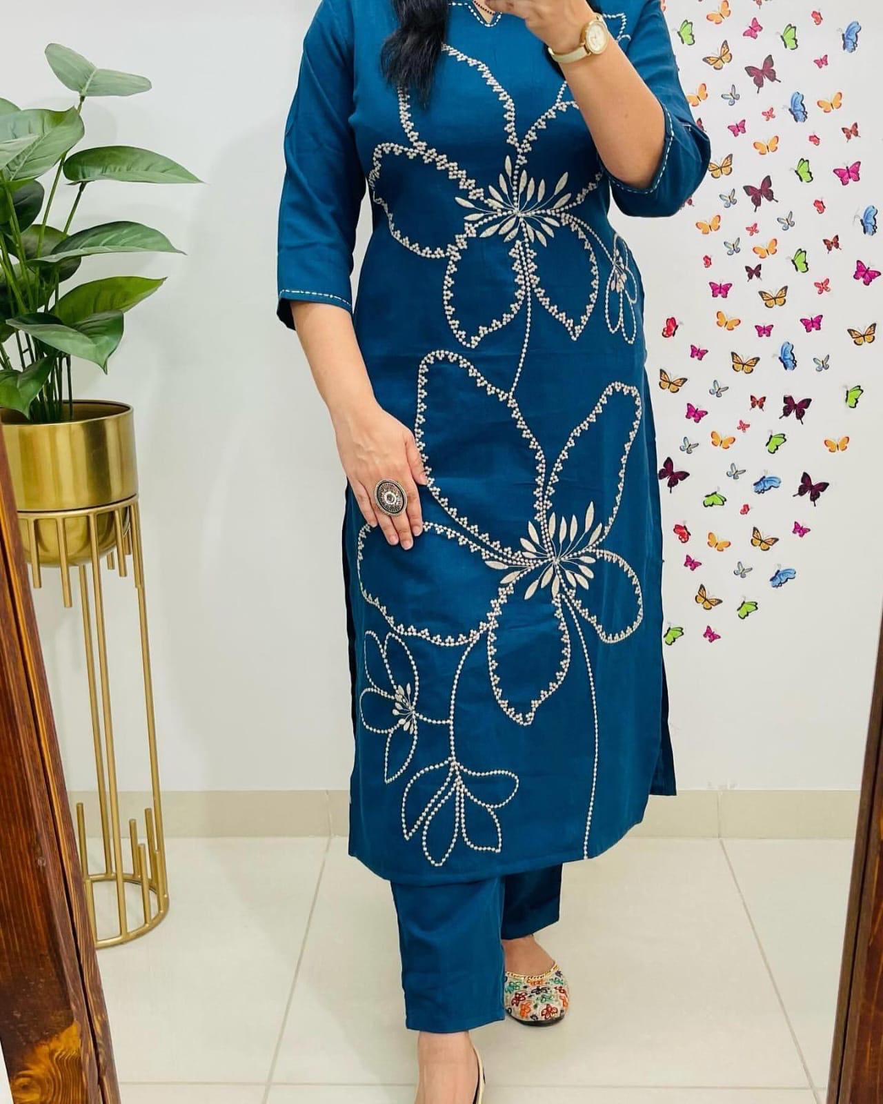 Cotton 60/60 Embroidery Work Kurti with Pant | Fully Stitched Set