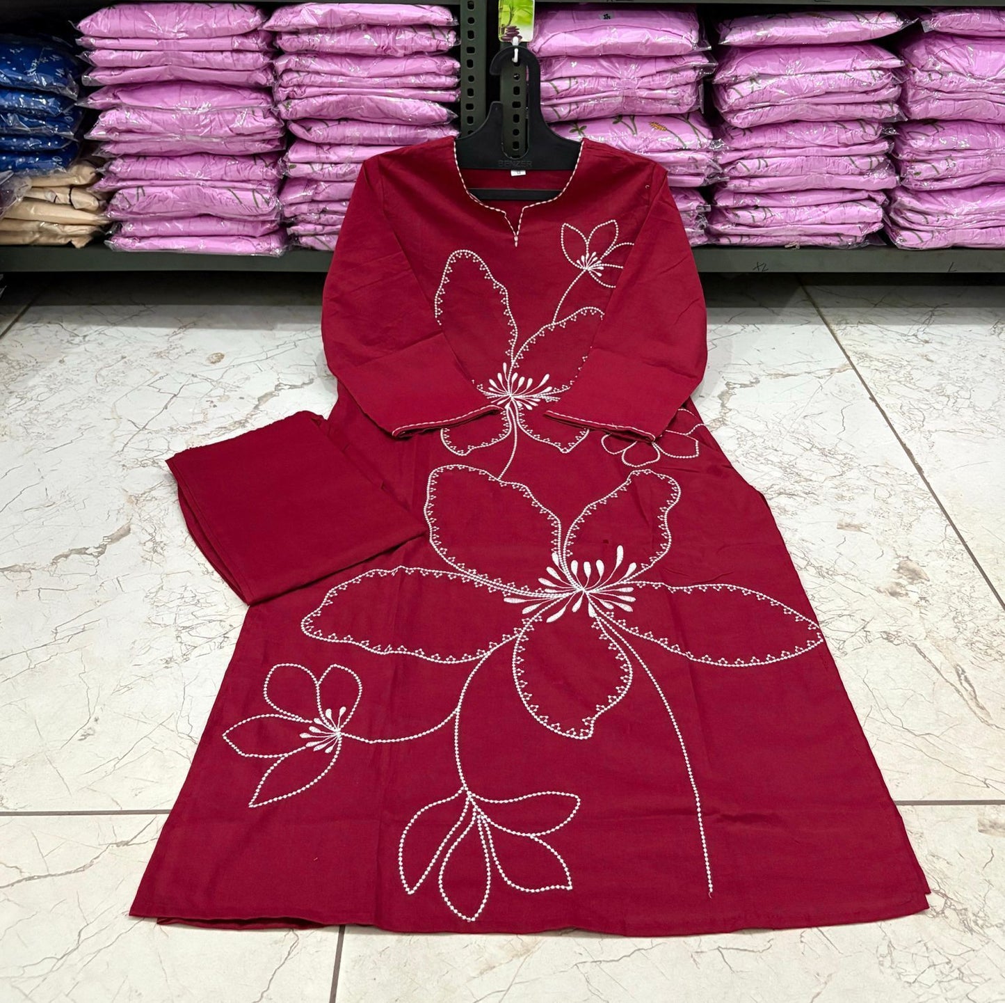 Cotton 60/60 Embroidery Work Kurti with Pant | Fully Stitched Set