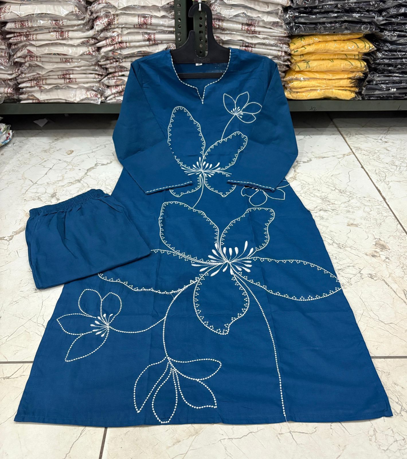 Cotton 60/60 Embroidery Work Kurti with Pant | Fully Stitched Set