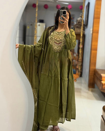 Cotton 60×60 Flairy Kurti Pant Set with Embroidered Yoke & Mal Mal Dupatta