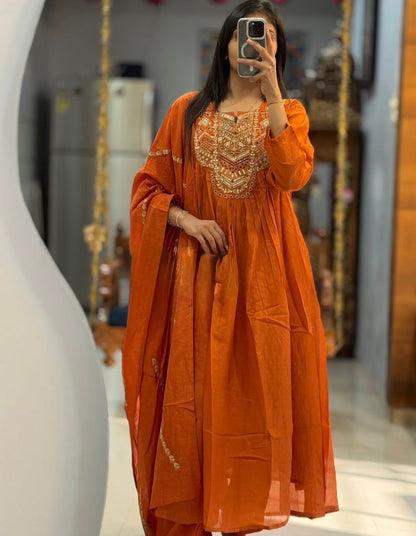 Cotton 60×60 Flairy Kurti Pant Set with Embroidered Yoke & Mal Mal Dupatta