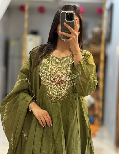 Cotton 60×60 Flairy Kurti Pant Set with Embroidered Yoke & Mal Mal Dupatta