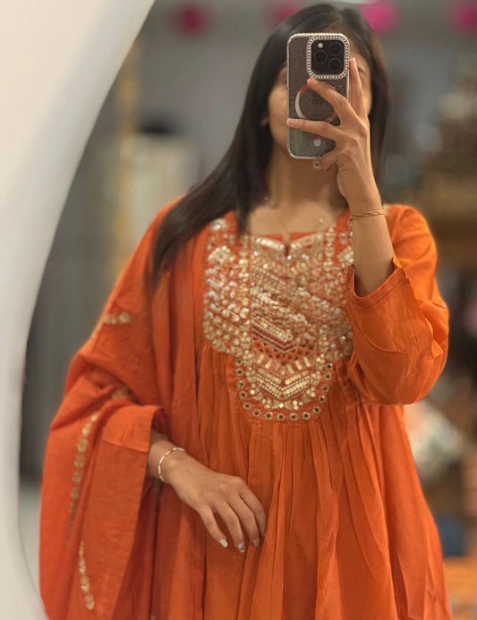 Cotton 60×60 Flairy Kurti Pant Set with Embroidered Yoke & Mal Mal Dupatta