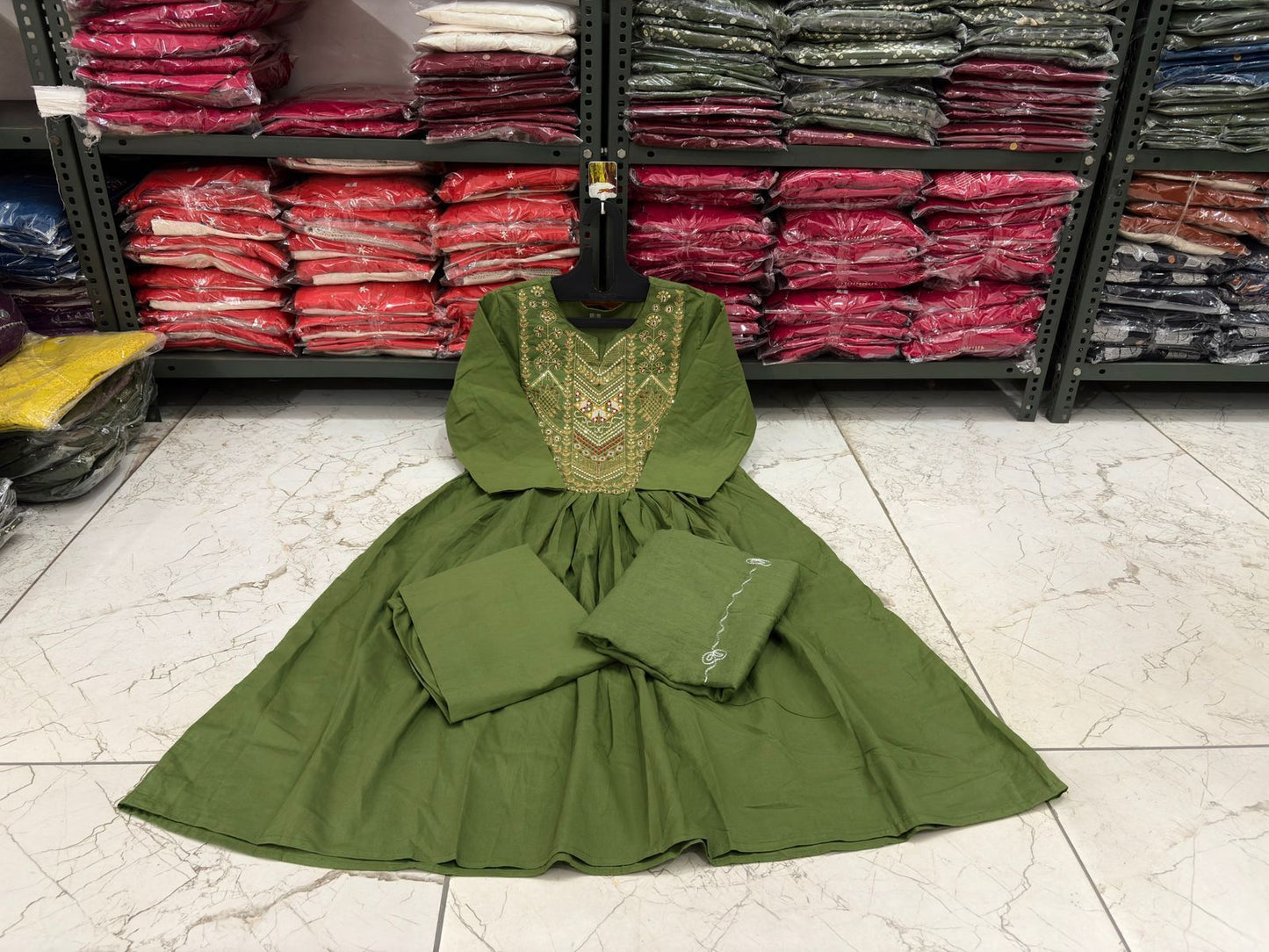 Cotton 60×60 Flairy Kurti Pant Set with Embroidered Yoke & Mal Mal Dupatta