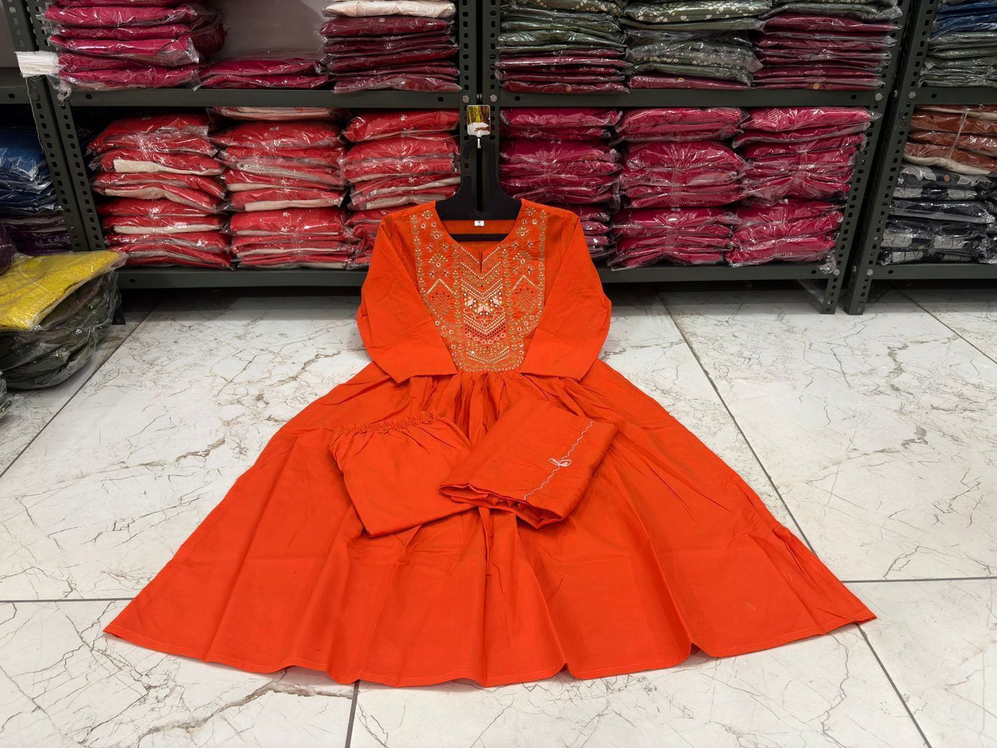 Cotton 60×60 Flairy Kurti Pant Set with Embroidered Yoke & Mal Mal Dupatta