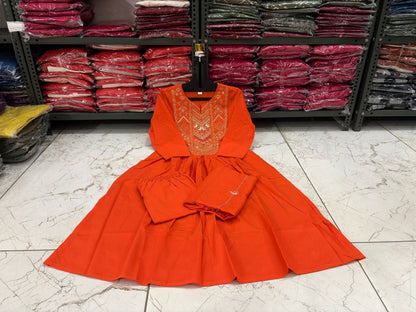 Cotton 60×60 Flairy Kurti Pant Set with Embroidered Yoke & Mal Mal Dupatta