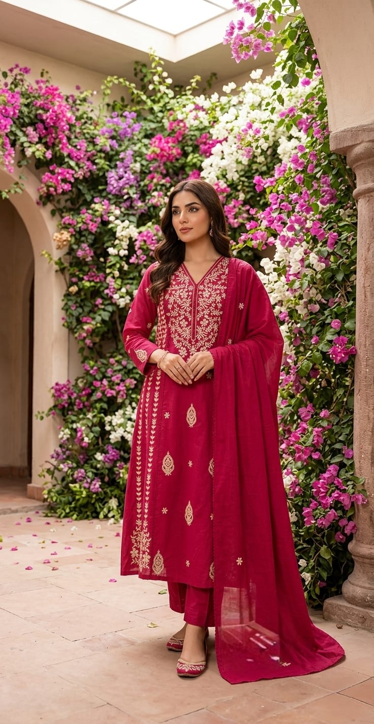 Cotton 60/60 Kurta Palazzo Dupatta Set with Crochet Embroidery