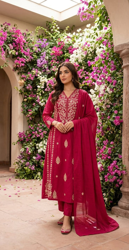 Cotton 60/60 Kurta Palazzo Dupatta Set with Crochet Embroidery
