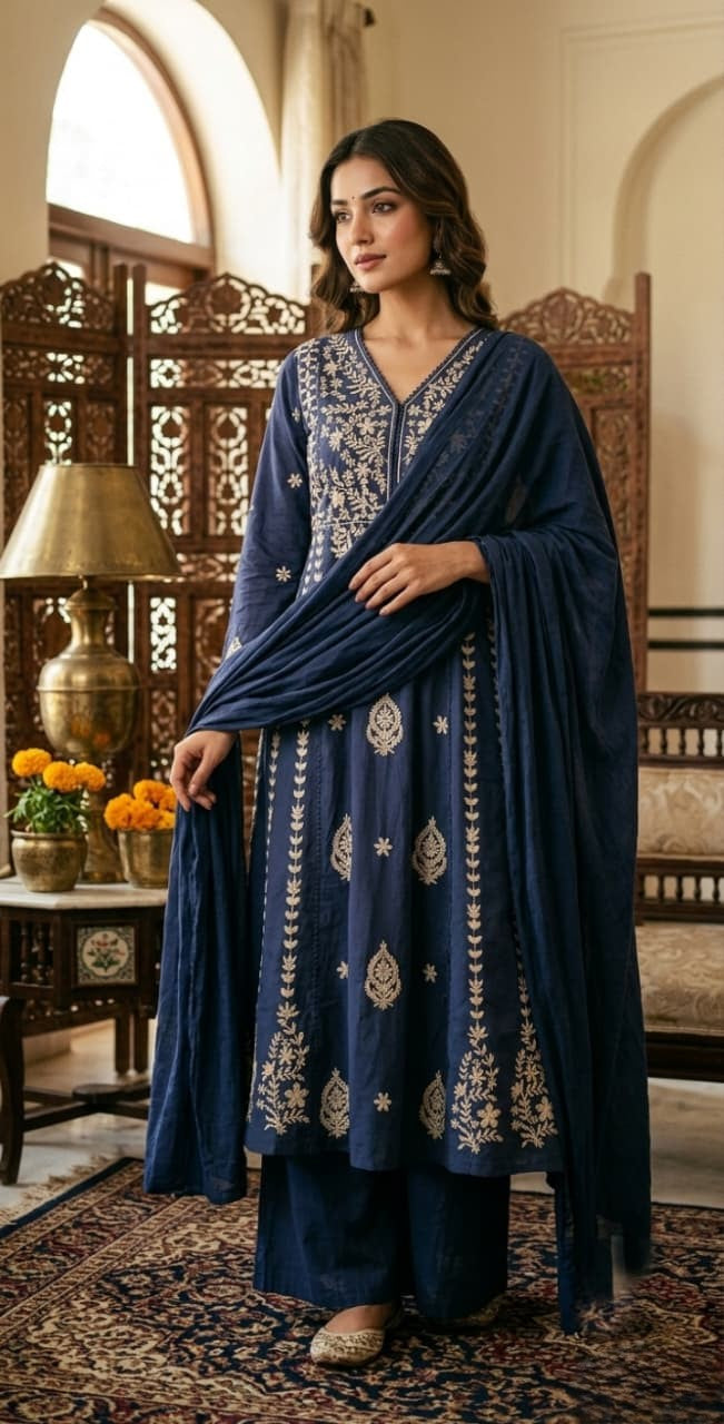 Cotton 60/60 Kurta Palazzo Dupatta Set with Crochet Embroidery