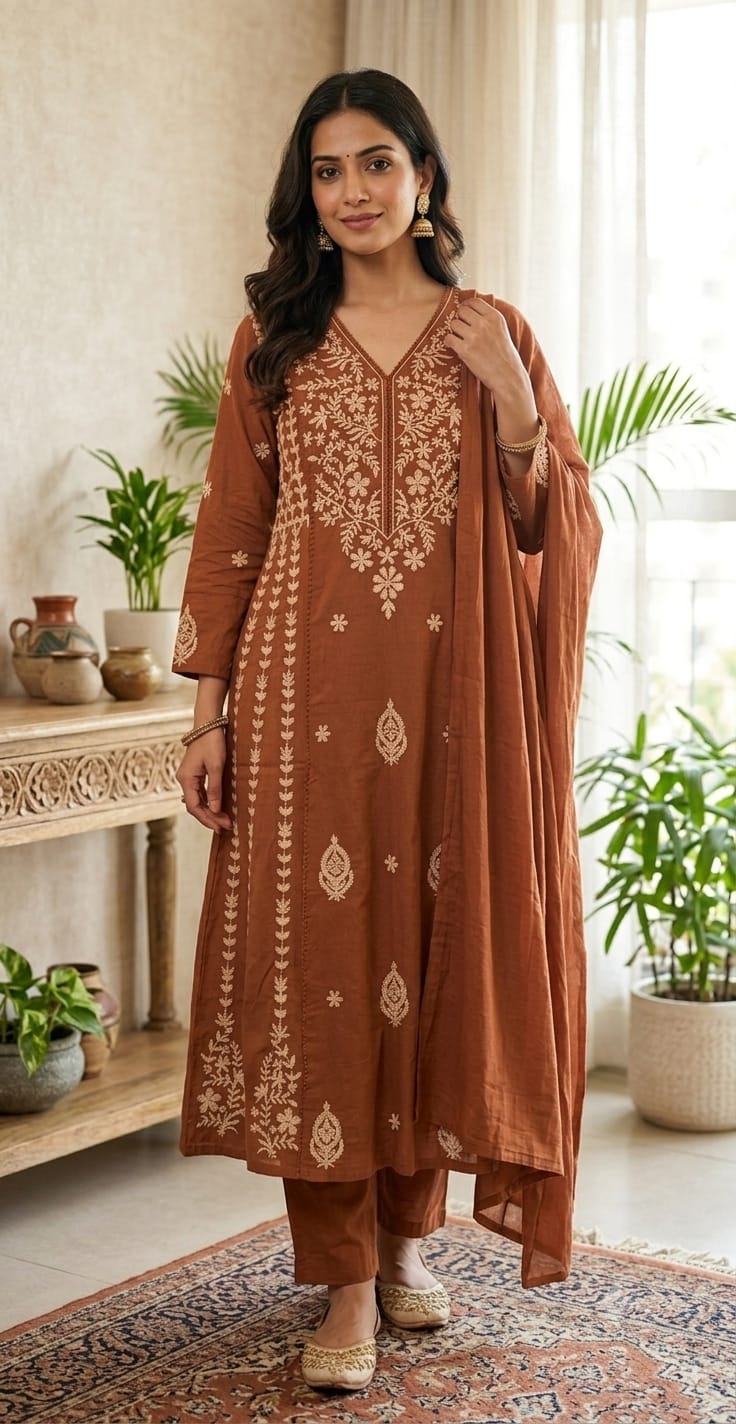 Cotton 60/60 Kurta Palazzo Dupatta Set with Crochet Embroidery