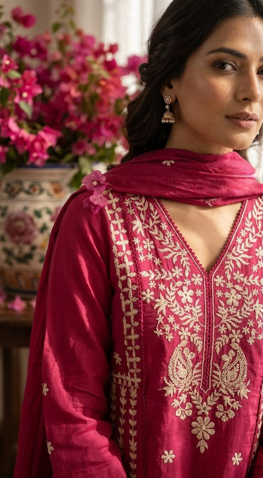 Cotton 60/60 Kurta Palazzo Dupatta Set with Crochet Embroidery