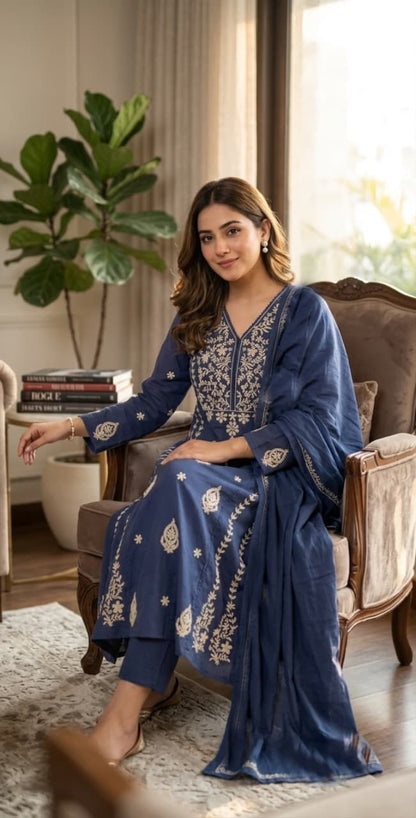 Cotton 60/60 Kurta Palazzo Dupatta Set with Crochet Embroidery