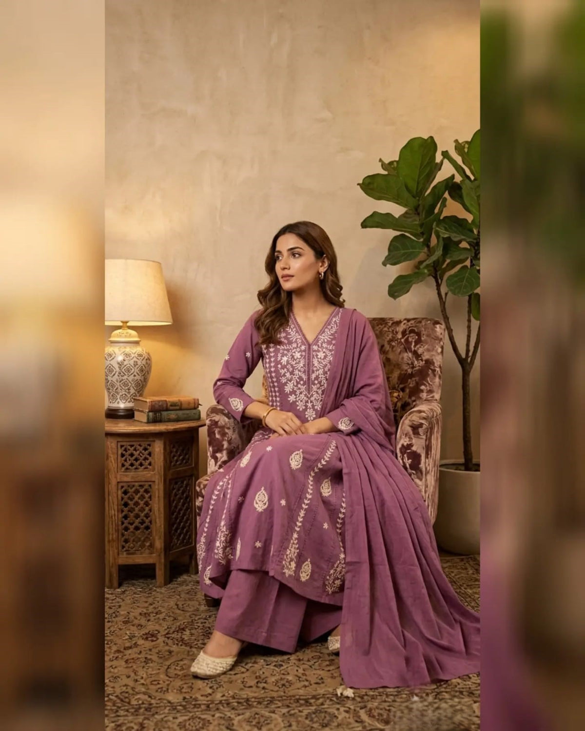 Cotton 60/60 Kurta Palazzo Dupatta Set with Crochet Embroidery