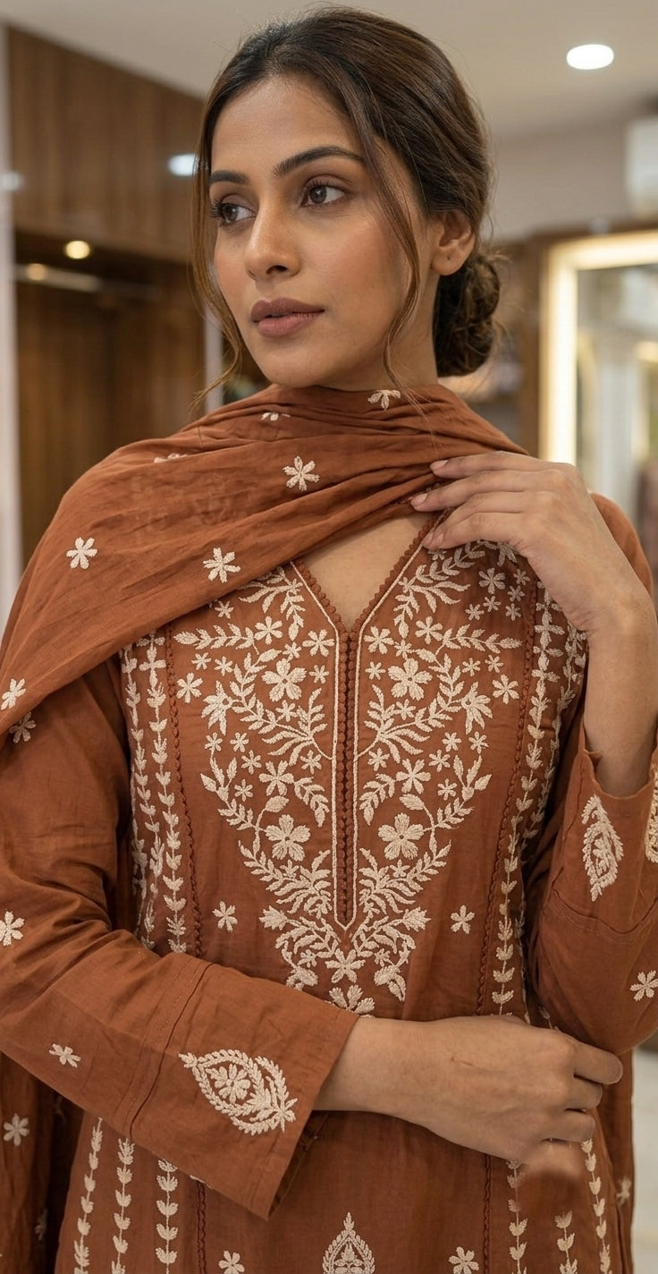 Cotton 60/60 Kurta Palazzo Dupatta Set with Crochet Embroidery