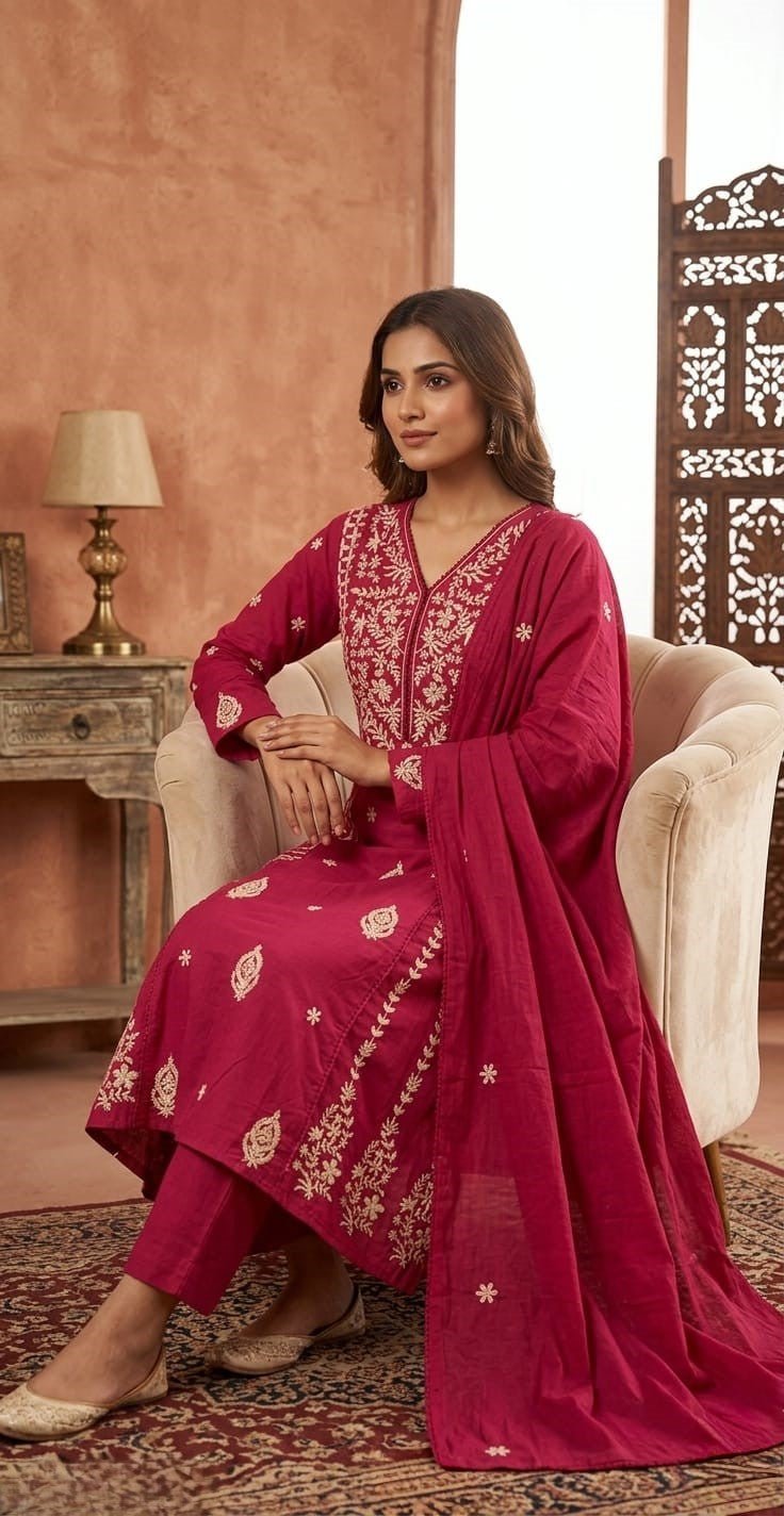 Cotton 60/60 Kurta Palazzo Dupatta Set with Crochet Embroidery