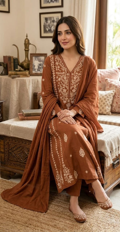 Cotton 60/60 Kurta Palazzo Dupatta Set with Crochet Embroidery