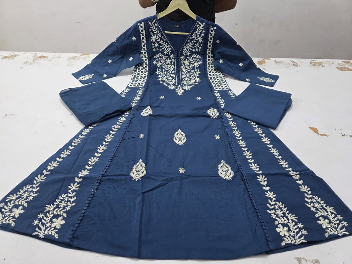 Cotton 60/60 Kurta Palazzo Dupatta Set with Crochet Embroidery