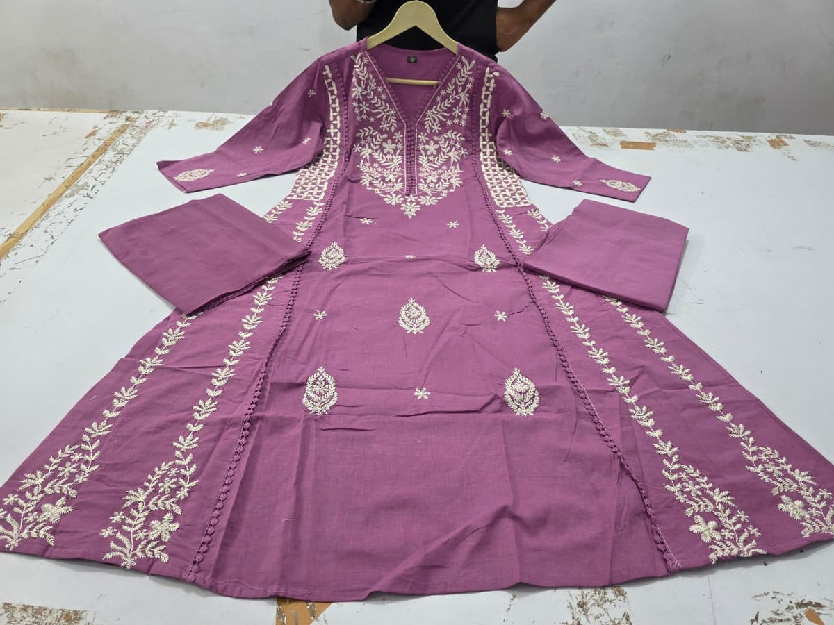Cotton 60/60 Kurta Palazzo Dupatta Set with Crochet Embroidery