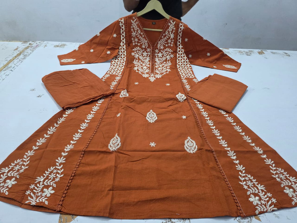 Cotton 60/60 Kurta Palazzo Dupatta Set with Crochet Embroidery