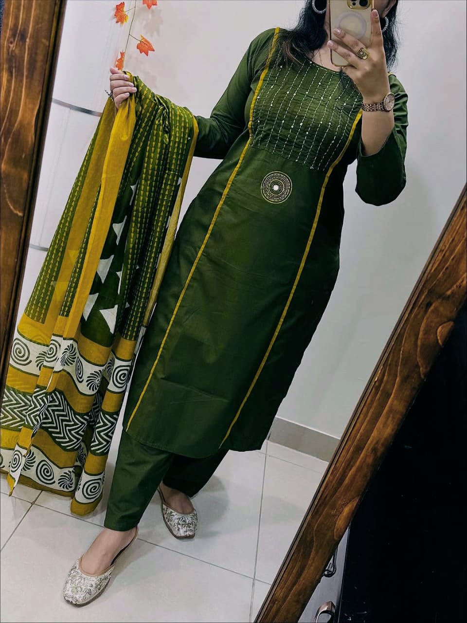 Cotton 60×60 Pintex & Katha Work Kurti with Pant Dupatta Set