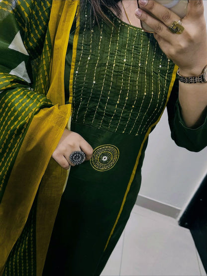 Cotton 60×60 Pintex & Katha Work Kurti with Pant Dupatta Set