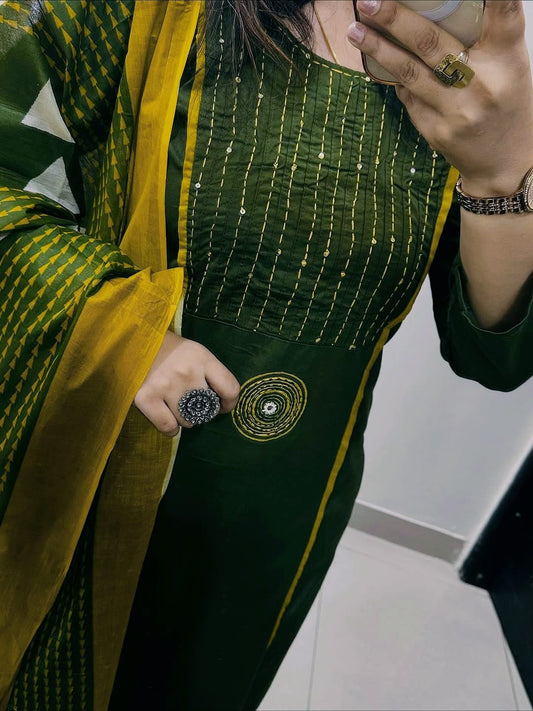 Cotton 60×60 Pintex & Katha Work Kurti with Pant Dupatta Set