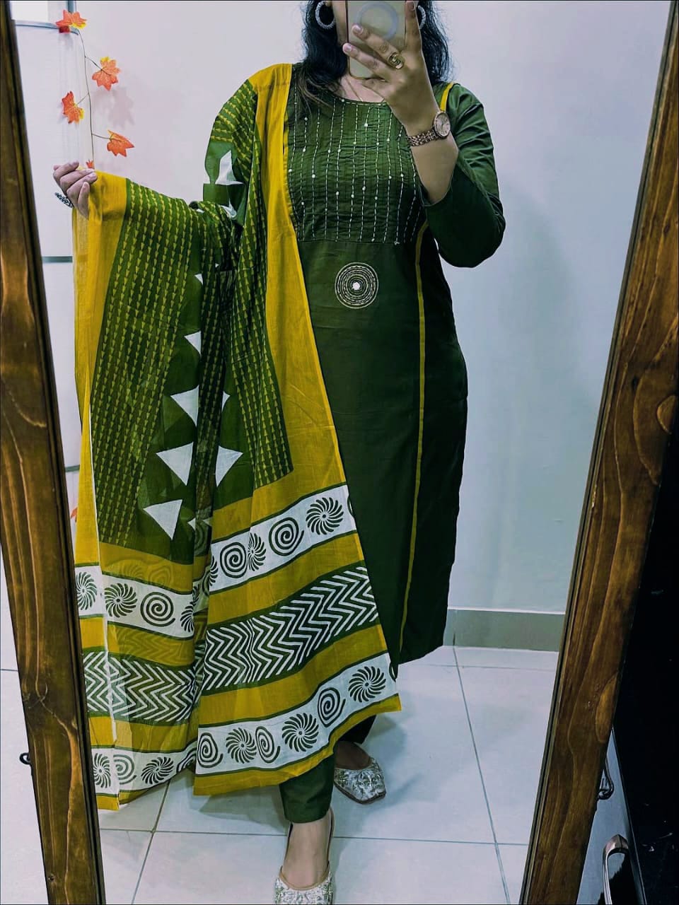 Cotton 60×60 Pintex & Katha Work Kurti with Pant Dupatta Set