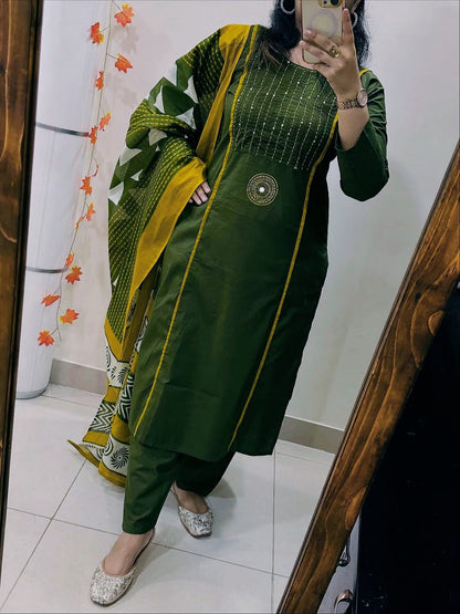 Cotton 60×60 Pintex & Katha Work Kurti with Pant Dupatta Set