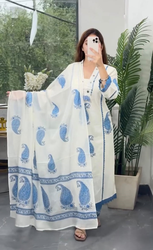 Cotton 60-60 Printed Kurti Palazzo & Malmal Dupatta 3-Piece Set