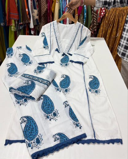 Cotton 60-60 Printed Kurti Palazzo & Malmal Dupatta 3-Piece Set
