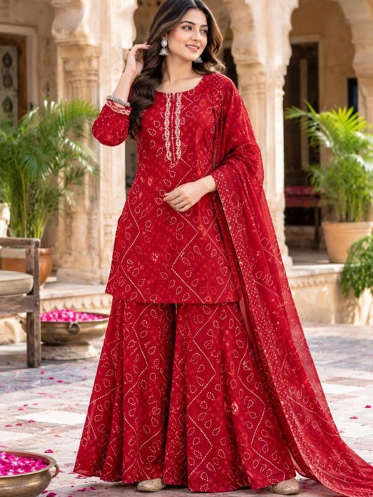Cotton 60×60 Short Kurta with Extra-Wide Palazzo & Malmal Dupatta Set