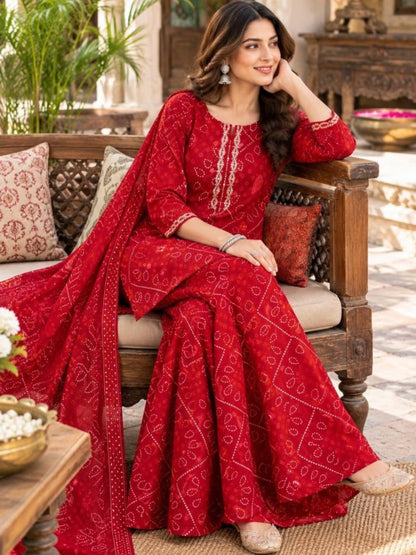 Cotton 60×60 Short Kurta with Extra-Wide Palazzo & Malmal Dupatta Set